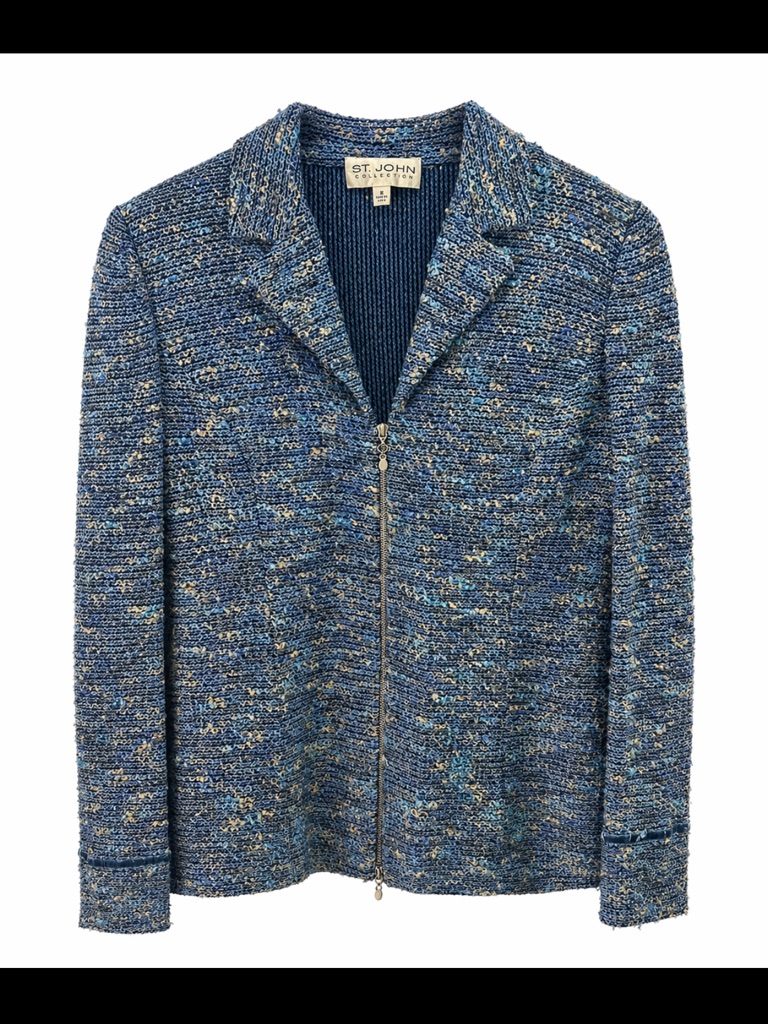 St. John Collection Knit Jacket Blazer Blue Boucl Zip Front Size 8